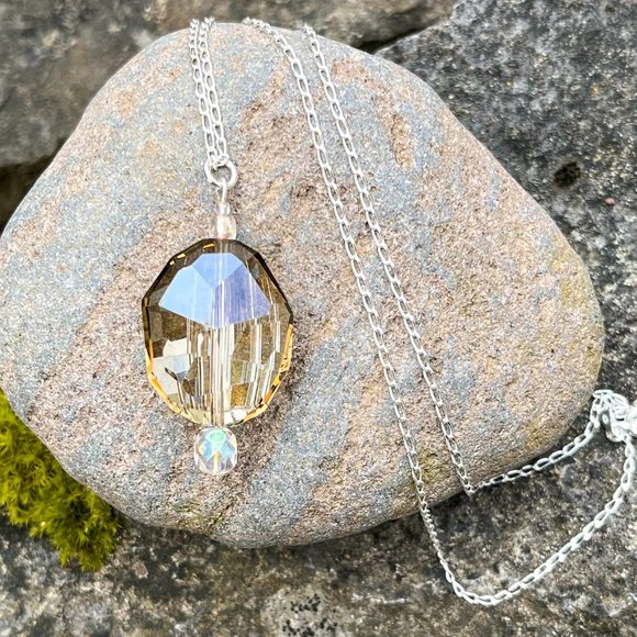Artisan Jewelry - Topaz Oval Crystal Necklace Sterling Silver Handmade